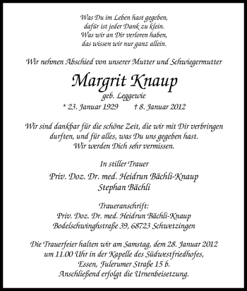 Traueranzeige von Margrit Knaup von Tageszeitung