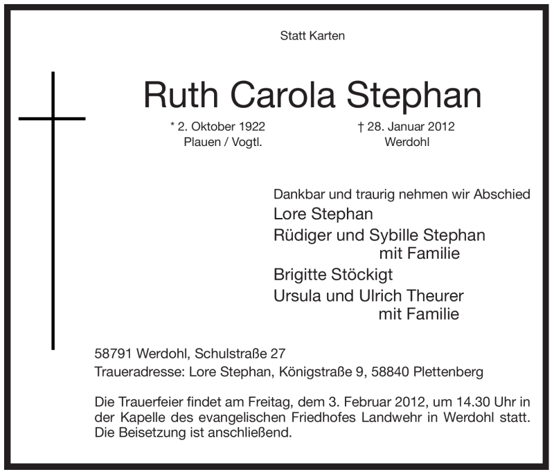  Traueranzeige für Ruth Carola Stephan vom 31.01.2012 aus Tageszeitung