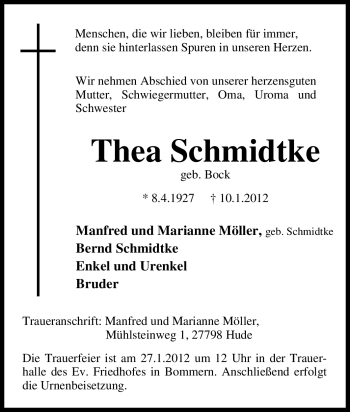 Traueranzeige von Thea Schmidtke von Tageszeitung