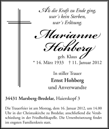 Traueranzeige von Marianne Hohlberg von Tageszeitung