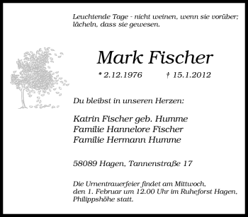 Traueranzeige von Mark Fischer von Tageszeitung