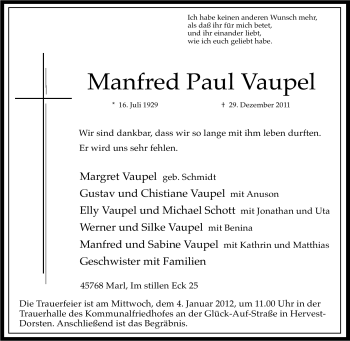 Traueranzeige von Manfred Paul Vaupel von Tageszeitung