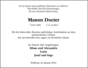 Traueranzeige von Manon Docter von Tageszeitung