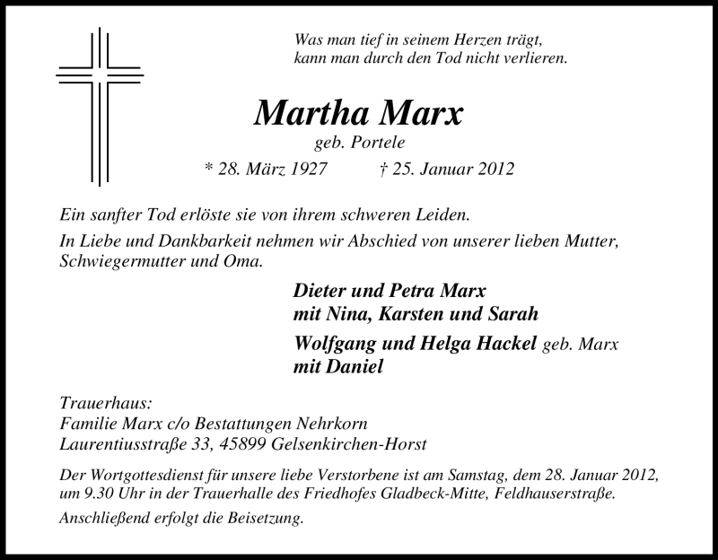  Traueranzeige für Martha Marx vom 26.01.2012 aus Tageszeitung