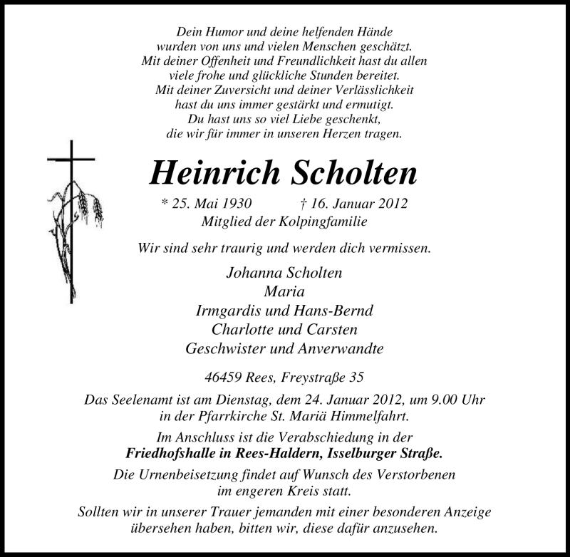  Traueranzeige für Heinrich Scholten vom 19.01.2012 aus Tageszeitung