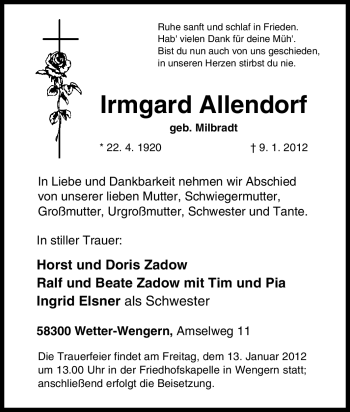 Traueranzeige von Irmgard Allendorf von Tageszeitung