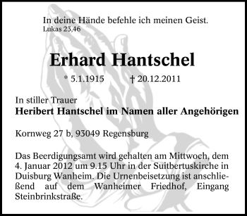 Traueranzeige von Erhard Hantschel von Tageszeitung