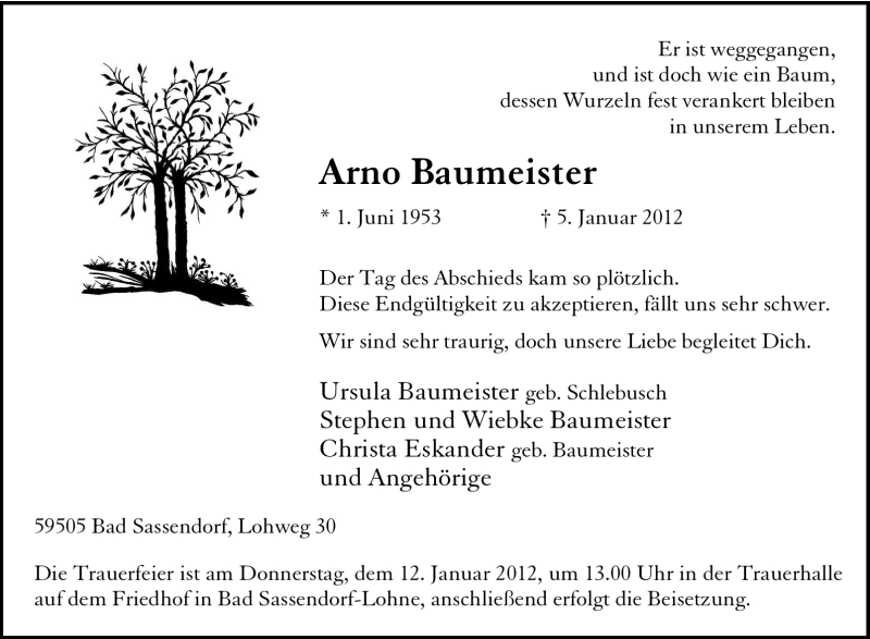  Traueranzeige für Arno Baumeister vom 09.01.2012 aus Tageszeitung