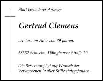 Traueranzeige von Gertrud Clemens von Tageszeitung