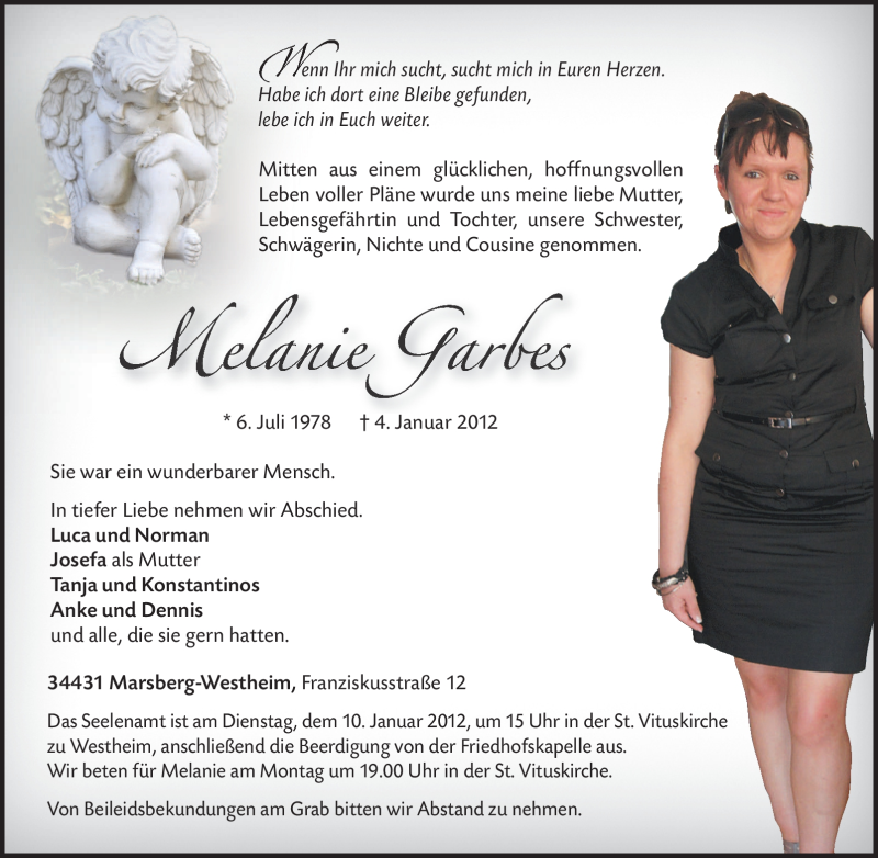  Traueranzeige für Melanie Garbes vom 06.01.2012 aus Tageszeitung