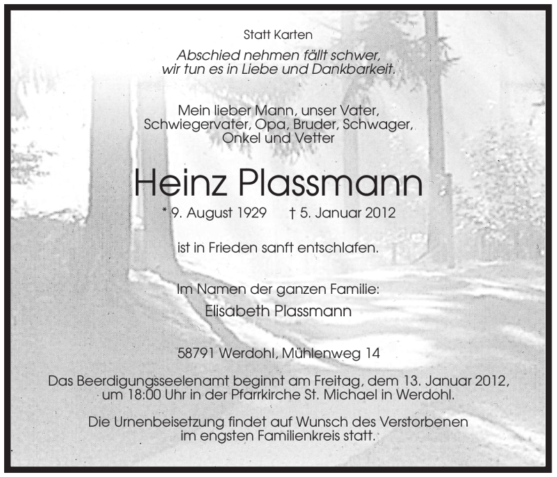  Traueranzeige für Heinz Plassmann vom 07.01.2012 aus Tageszeitung