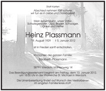 Traueranzeige von Heinz Plassmann von Tageszeitung