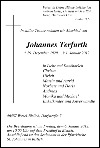 Traueranzeige von Johannes Terfurth von Tageszeitung