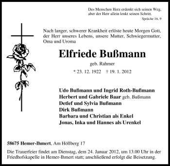 Traueranzeige von Elfriede Bußmann von Tageszeitung