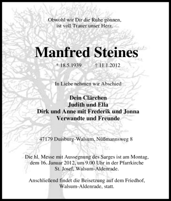 Traueranzeige von Manfred Steines von Tageszeitung
