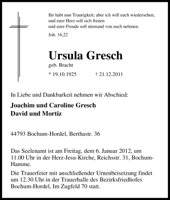 Traueranzeige von Ursula Gresch von Tageszeitung