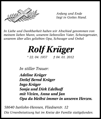 Traueranzeige von Rolf Krüger von Tageszeitung