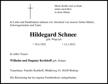 Traueranzeige von Hildegard Schnee von Tageszeitung