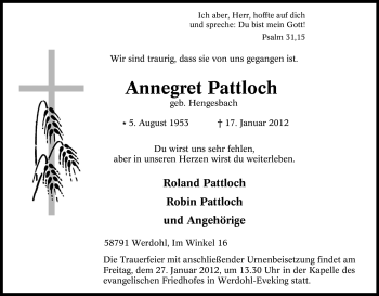 Traueranzeige von Annegret Pattloch von Tageszeitung