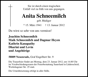 Traueranzeige von Anita Schneemilch von Tageszeitung