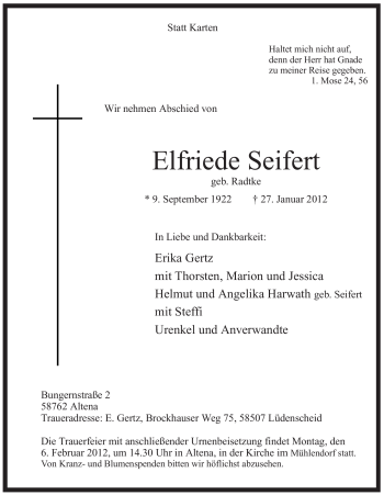 Traueranzeige von Elfriede Seifert von Tageszeitung