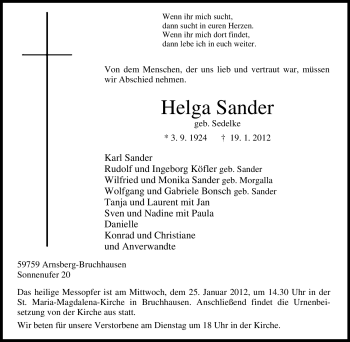 Traueranzeige von Helga Sander von Tageszeitung