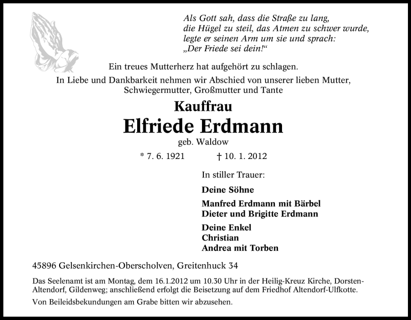  Traueranzeige für Elfriede Erdmann vom 13.01.2012 aus Tageszeitung