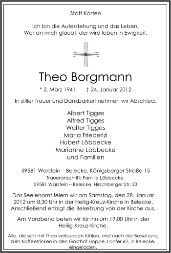 Traueranzeige von Theo Borgmann von Tageszeitung