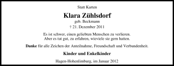 Traueranzeige von Klara Zühlsdorf von Tageszeitung