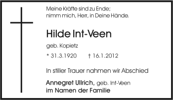Traueranzeige von Hilde Int-Veen von Tageszeitung