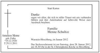 Traueranzeige von Anneliese Menne von Tageszeitung