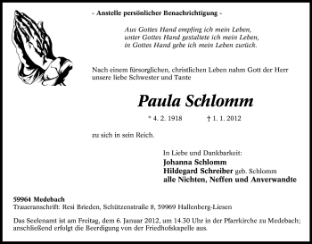 Traueranzeige von Paula Schlomm von Tageszeitung