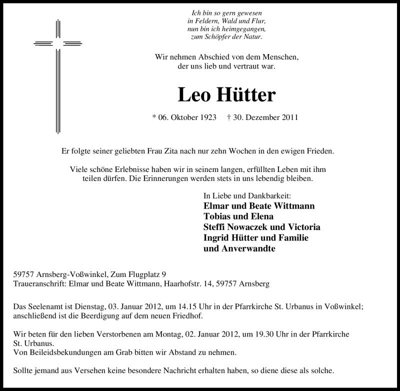  Traueranzeige für Leo Hütter vom 02.01.2012 aus Tageszeitung