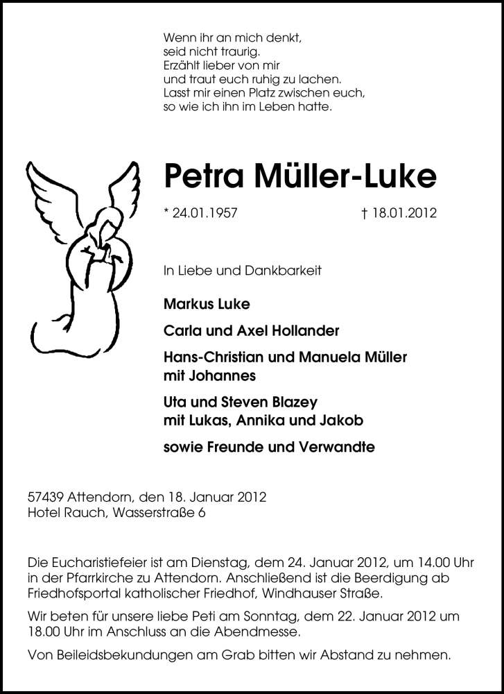  Traueranzeige für Petra Müller-Luke vom 21.01.2012 aus Tageszeitung