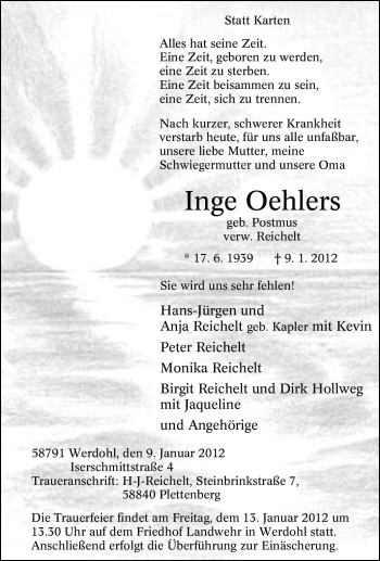 Traueranzeige von Inge Oehlers von Tageszeitung