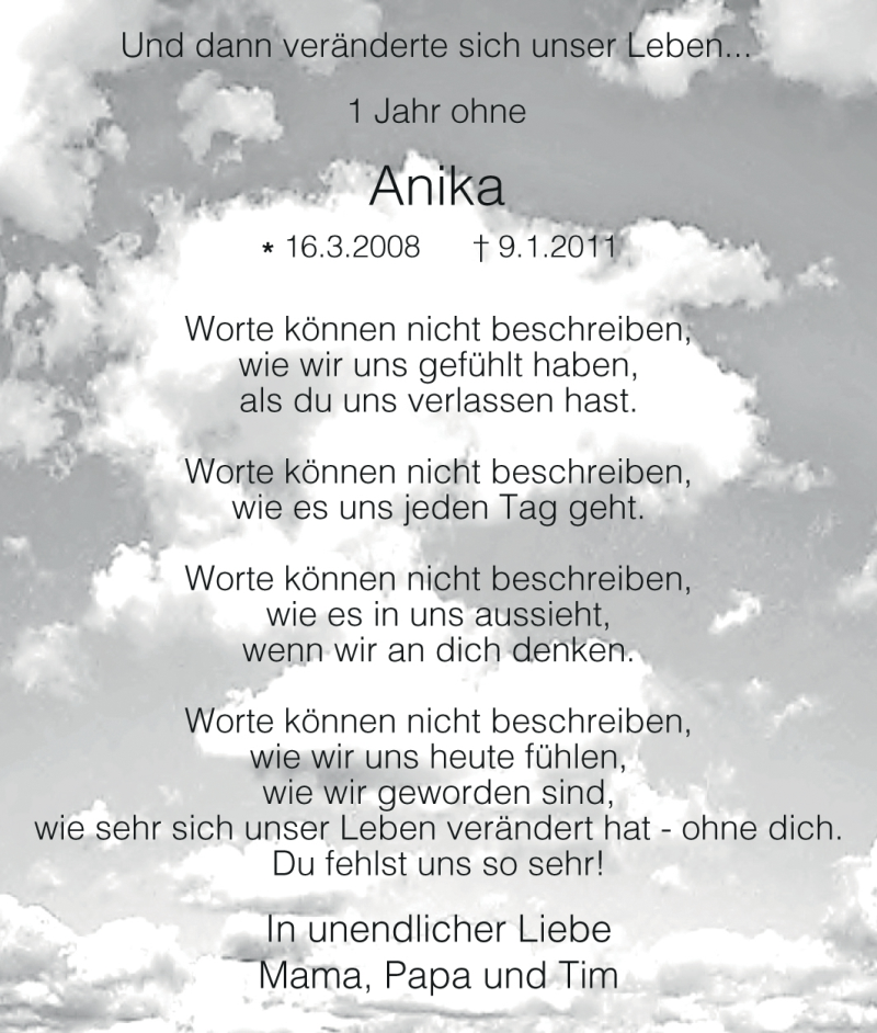  Traueranzeige für Anika Bergner vom 09.01.2012 aus WESTDEUTSCHE ALLGEMEINE ZEITUNG