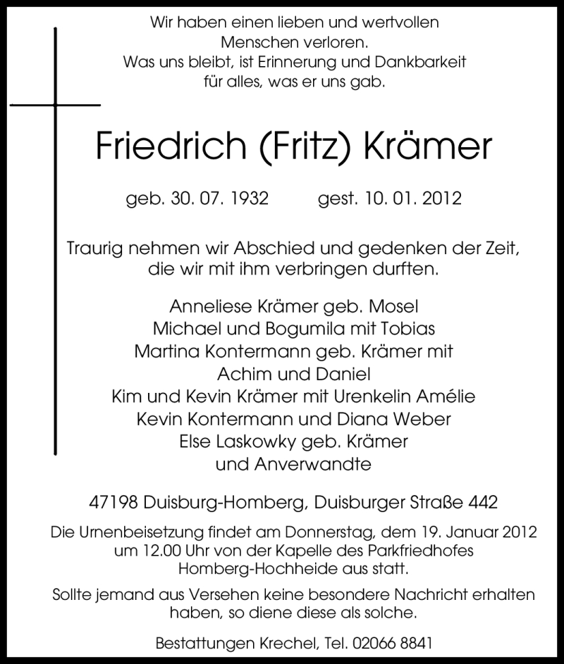  Traueranzeige für Friedrich Krämer vom 16.01.2012 aus Tageszeitung