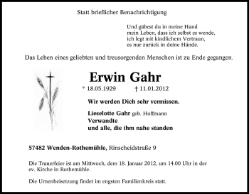 Traueranzeige von Erwin Gahr von Tageszeitung