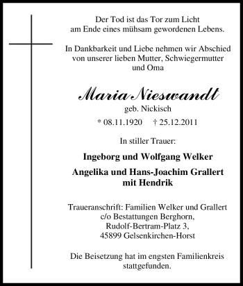 Traueranzeige von Maria Nieswandt von Tageszeitung