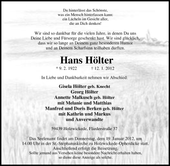 Traueranzeige von Hans Hölter von Tageszeitung