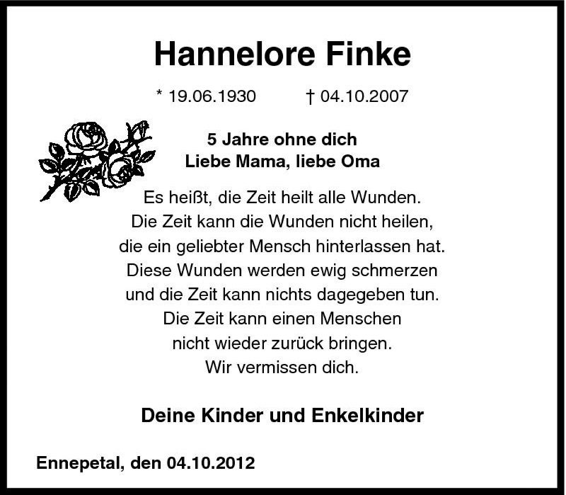  Traueranzeige für Hannelore Finke vom 04.10.2012 aus Tageszeitung