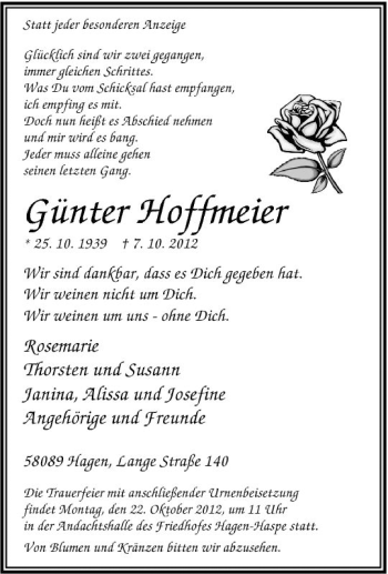 Traueranzeige von Günter Hoffmeier von Tageszeitung