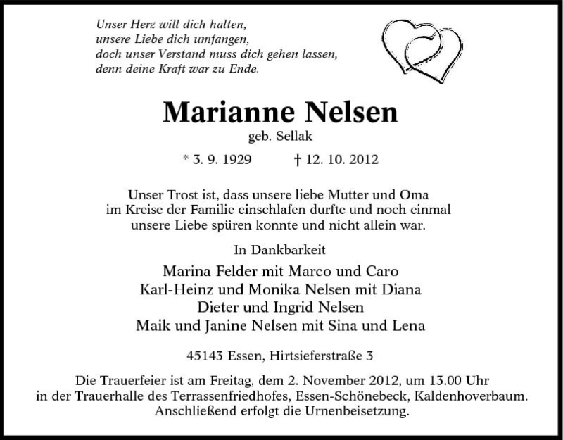  Traueranzeige für Marianne Nelsen vom 27.10.2012 aus Tageszeitung