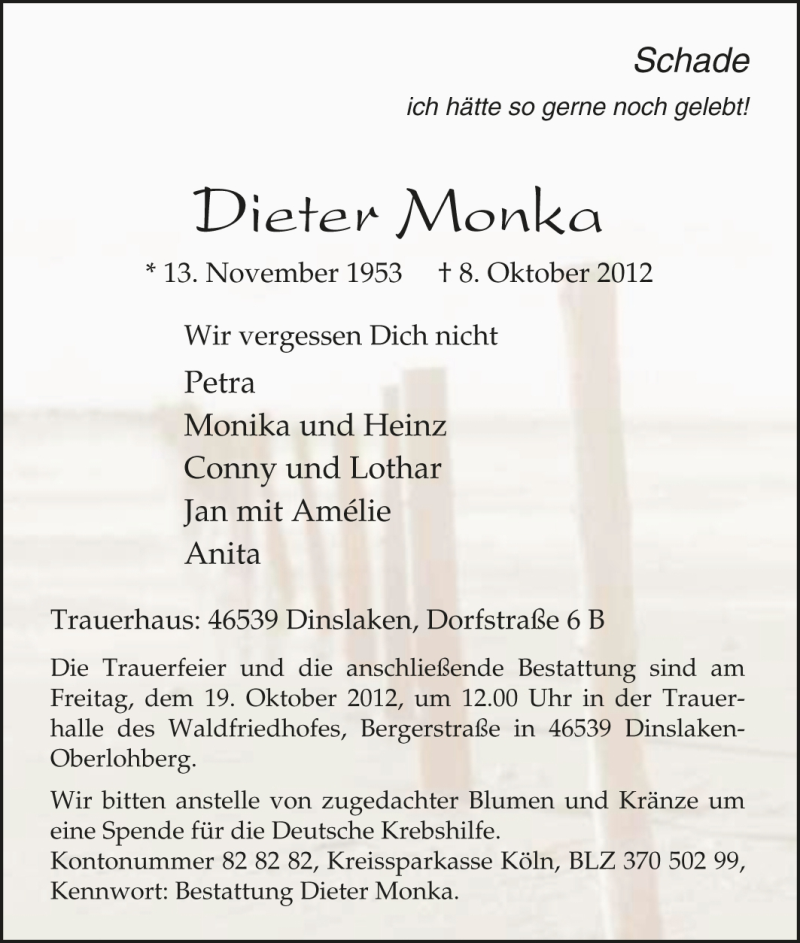  Traueranzeige für Dieter Monka vom 13.10.2012 aus Tageszeitung