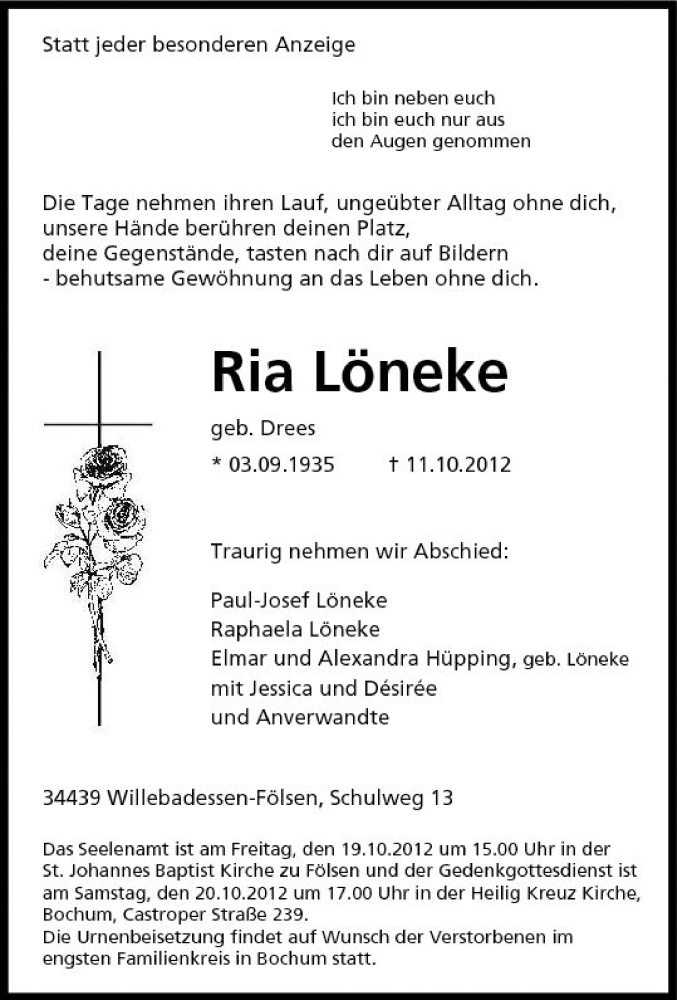  Traueranzeige für Ria  Löneke vom 16.10.2012 aus Tageszeitung