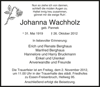 Traueranzeige von Johanna Wachholz von Tageszeitung