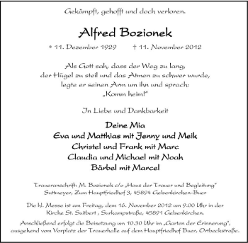 Traueranzeige von Alfred Bozionek von Tageszeitung