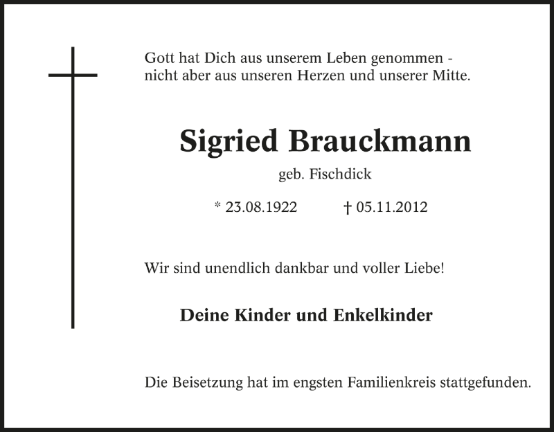  Traueranzeige für Sigried Brauckmann vom 17.11.2012 aus Tageszeitung