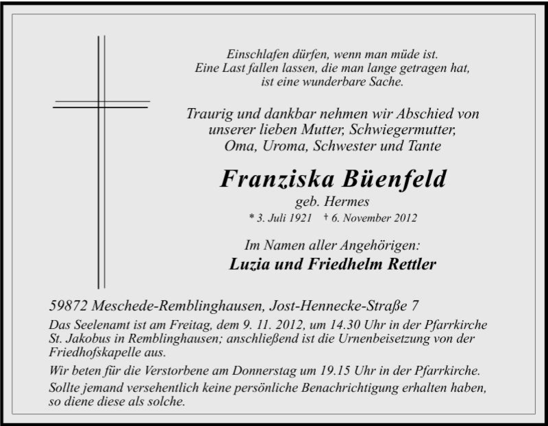 Traueranzeigen von Franziska Büenfeld TrauerinNRW.de