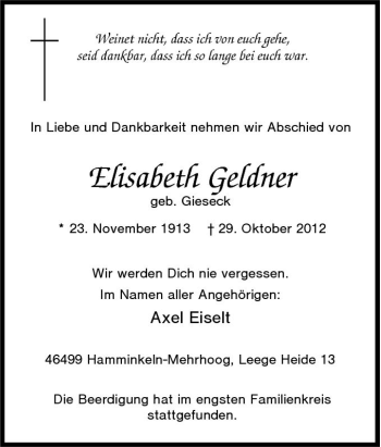 Traueranzeige von Elisabeth Geldner von Tageszeitung